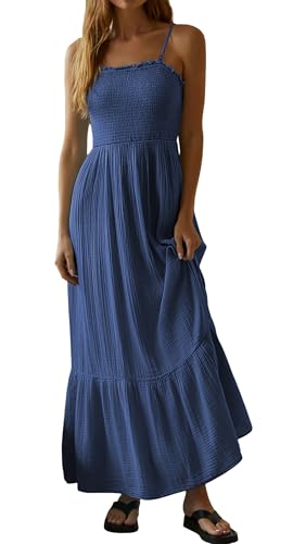 Image of R.Vivimos Womens Summer Boho Cotton Maxi Dress Adjustable Spaghetti Strap Elastic Smocked Casual Ruffle Hem Flowy Beach Dress