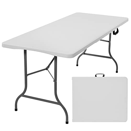 Rainberg 6ft Heavy Duty Folding Table, Tabletop & Sturdy Metal Frame, Foldable Table with Handle, Waterproof, Portable, & Easy Assembly, Ideal for Parties, BBQ, Camping, Beach, Indoor & Outdoor Use