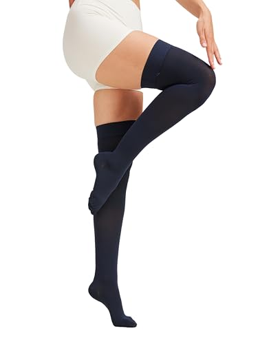 Image of NURCOM 15-20 mmHg Medical Compression Stockings with Dot Silicone Band, Closed Toe Thigh High Compression Socks for Women & Men, Graduated Support Stockings for Varicose Veins, Edema, Navy Blue,Small