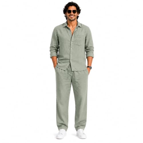 Image of Men's Premium Linen Co-Ord Set | Regular Fit Full Sleeve Solid Shirt with Drawstring Trouser | Breathable Linen Casual Outfit for Summer, Travel, Beach, Vacation & Daily