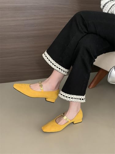 Mary Jane Ballet Flats for Women Square Toe Low Block Heel Metallic Strap Suede Vintage Shoes Comfortable Retro for Office Work Casual2