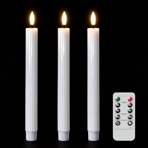 Image of White Flameless Flickering Taper Candles Battery Operated with Remote and Timer, 3D Wick Real Wax Vertical Stripe LED Candlesticks Spring Dinner Wedding Home Decor(3 Pack, 0.79 inch D x 9.8 inch H)