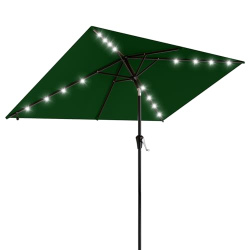 Image of AreShark 6.5' x 10' Rectangular Patio Umbrella with Solar Lights, Solar Powered Lighted Market Umbrella w /Tilt and Crank, Outdoor Table Umbrella for Garden, Deck, Backyard, Pool, Dark Green