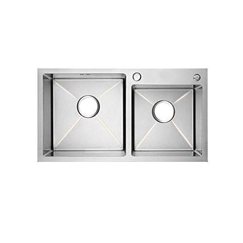 YGCBL Fregadero de cocina doble cuenco 60/40 acero inoxidable cepillado montado en la parte superior lavabo empotrado con colador y cesta de filtro