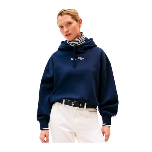 Tommy Hilfiger Sudadera Mujer Classic Script Fleece con Capucha, Azul (Dark Night Navy), M