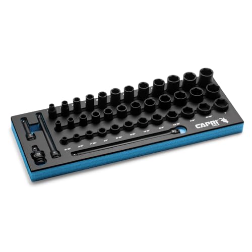 Capri Tools 3/8 in. Drive Master Shallow Semi-Deep and Deep Impact Socket Set with Extensions and Universal Joint SAE 5/16 to 1 in. 40-Piece with Mechanics Tray