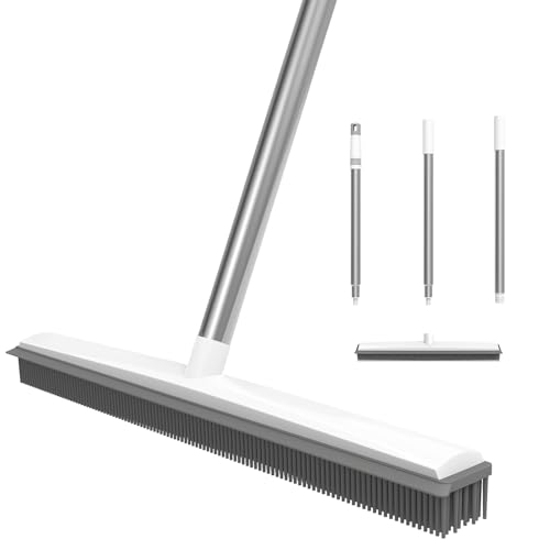 2 in 1 Rubber Broom with Built in Squeegee, Adjustable 120cm Stainless Steels Handle, Soft Push Broom for Pet Cat Dog Hair Removal Floor Brush for Carpet, Window, Tiles, Indoor Outdoor