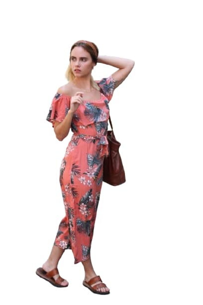 freespirits fashion Women Tropical Print Bardot Jumpsuit | Off Shoulder Flared Jumpsuit | Summer Casual Vacation Wear for Women-picture-19