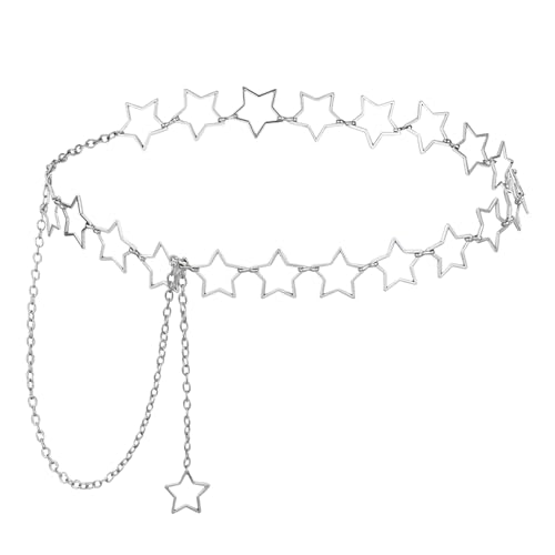 Metal Star Waist Chain for Women, Silver Women's Chain Belt Adjustable Body Chains with Long Tassel Trendy Western Belly Chains Belt for Women Girls Dresses Skirts Jeans
