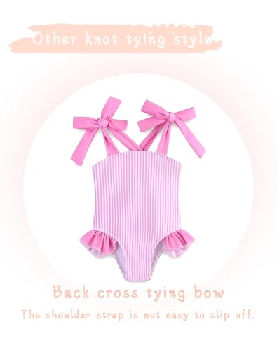 Image of Toddler Girl Swimsuit Summer Beach Bikini Cute Stripe Girls' One-Piece Swimwear with Bow Straps 5-6T
