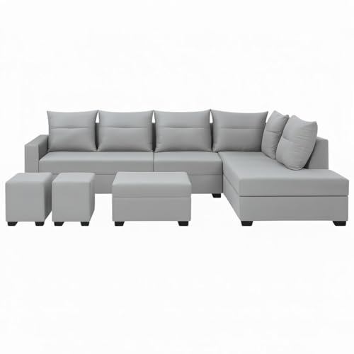 Image of SOCOZI Oriana 8 Seater RHS L Shape Sofa Set | Velvet Suede Fabric L Shape Sofa for Livingroom with 2 Ottoman & Centre Table (Light Grey)