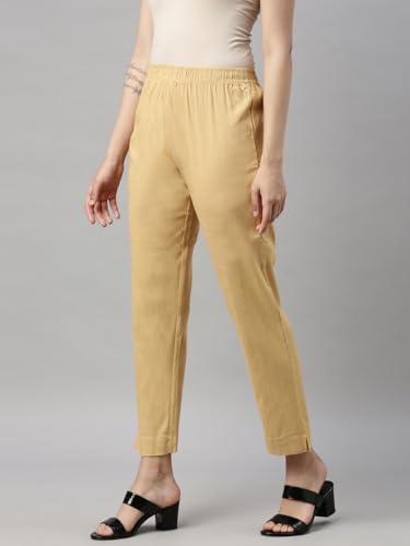 Image of MINELLI Women Solid Cigar Pants, Cotton Lycra Slub Fabric, Elasticated Waistband, Pull On Style, Regular Fit Bottom Wear for Western and Ethnic Wear