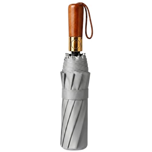 Image of STAR WORK Small Wooden Handle Compact UV Protection Umbrella, Automatic Open Hook Handle Stick Golf Umbrellas for Rain, Sun & Wind Protection.