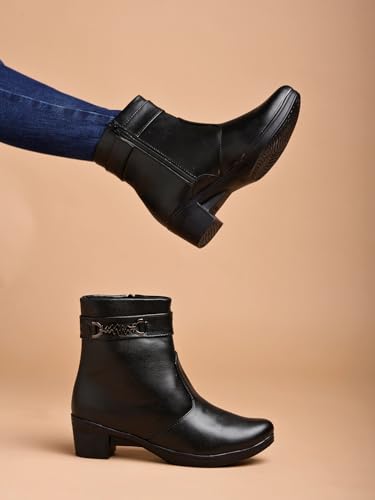 Image of Women's Ankle Boots with Side Zipper and Metal Detail Low Heel Faux Leather Booties for Everyday Comfort and Style