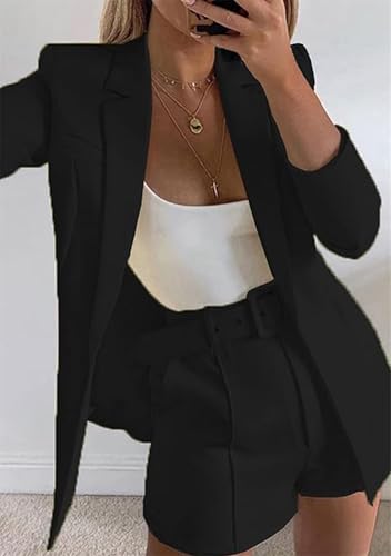 OMZIN Women's Long Sleeve Lapel Collar Blazer Straight Shorts with Belt Work Office Solid Color 2 Piece Outfits2