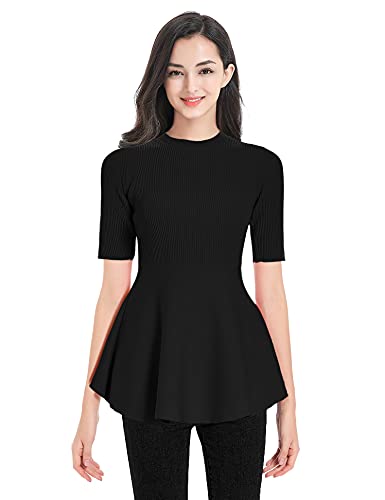 V28 Women’S Short Sleeves All Seasons Knit Ribbed Fitted Flared Top Blouse cover