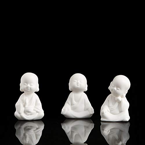 Kingzhuo Estatua de cerámica de Buda riendo de porcelana blanca, 3 piezas, adornos de muñecas de bebé, figuras coleccionables felices, decoración del hogar, regalo decorativo, accesorios de té (7 cm)