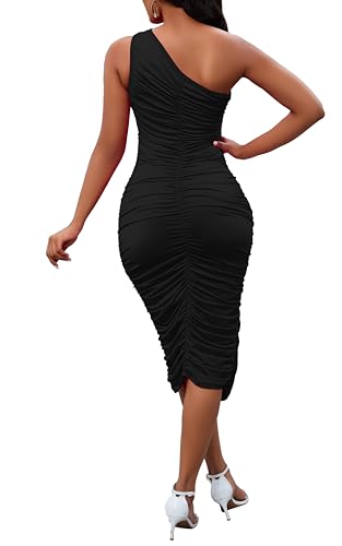 Image of PerZeal Women's Sexy One Shoulder Dresses Sleeveless Party Club Ruched Cocktail Wedding Guest Bodycon Midi Dress