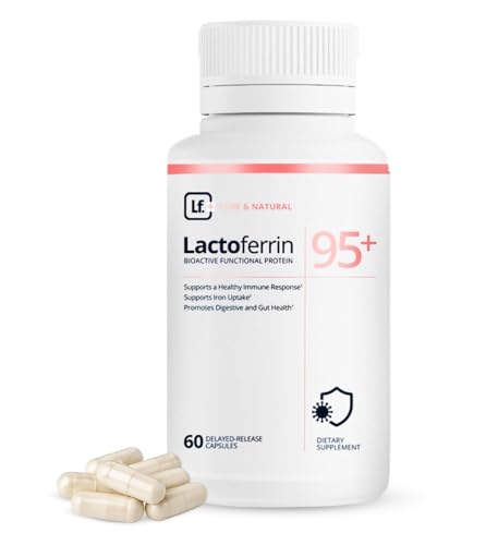 Lactoferrin Supplement 300mg 95%+ Pure Bovine Capsules Delayed Release for Immune Support Gut Health & Iron Metabolism 60 Count