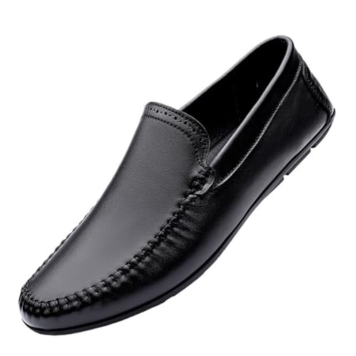 Anti-Slip Lightweight Loafers Round Toe Solid Color Leather Flat Heel Slip-On Boat Shoes