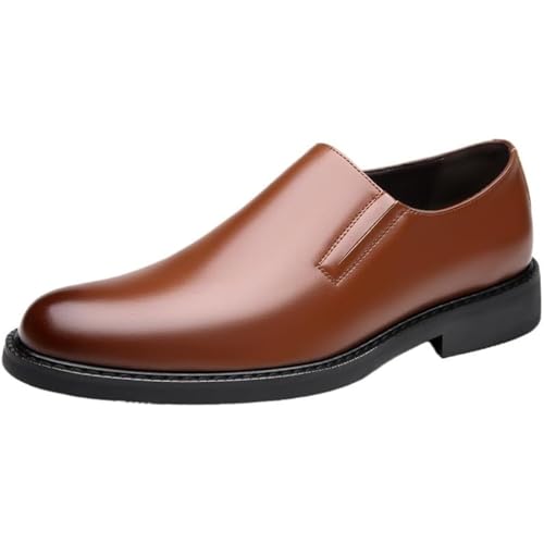 Men’s Slip-On Dress Shoes – Round Cap Toe Patent PU Leather Formal Business Loafers with Anti-Slip Rubber Sole Brown