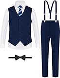 ELPA ELPA Boys Vest Suit Set Dark Blue Slim Fit Suit for Kids Teen Youth Toddler Formal with Suspenders Adjustable Waist