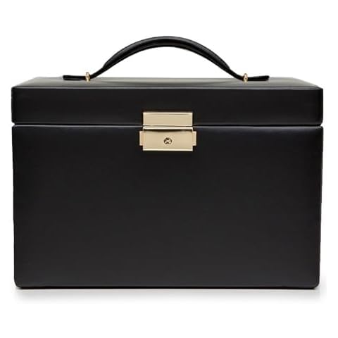 Wolf Designs Heritage Small Jewelry Box, Black - 10 Compartments & Seven Ring Rolls - Includes Travel Case Cover