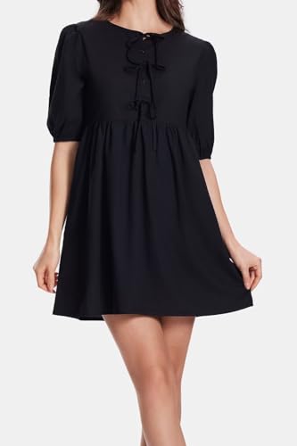 Womens Casual Dresses Short Puff Sleeve A-Line Mini Dress with Hidden Buttons for Summer4