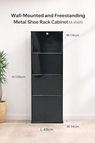 Image of Shoe Rack, Wall Mounted and Freestanding Metal, Multiple Shelf Options, White and Black (Black, 4)