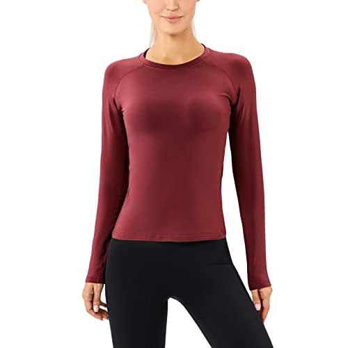 Yishengwan Maglia Termica Donna Manica Lunga Magliette Sportiva, Asciugatura Rapida Traspirante Yoga Top per Fitness Palestra Vino Rosso S