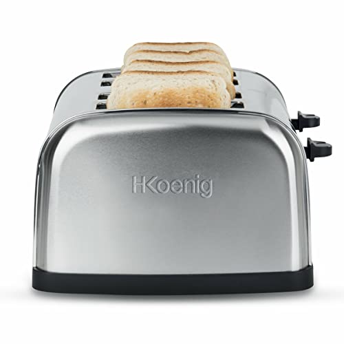 H.Koenig Grille Pain Toaster 4 Tranches TOS14 Fentes larges Inox vintage, 6 Niveaux de brunissage, Décongélation, Rapide et uniforme, Pain et Viennoiserie,...