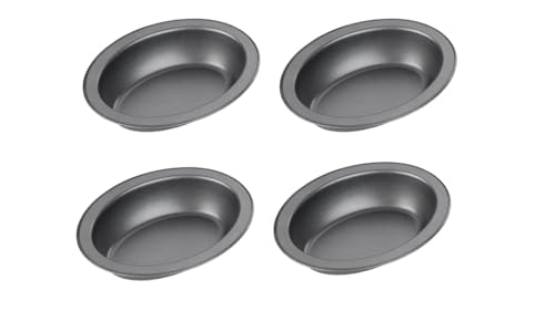 Chef Aid Set of 4 Non-Stick Oval Pie Dishes 17cm x 13cm x 3.7cm Baking Tins Durable Carbon Steel Easy Clean Ideal for Pies Crumbles and Individual Portions Grey