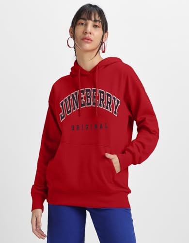 Image of JUNEBERRY Fleece Oversized Baggy Fit Hooded Sweatshirt Drop Shoulder Typographic Logo Printed Full Sleeve Hoodie for Women (Availabe Colors: Copper Tan, Rust & Red)