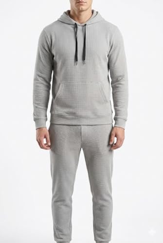 ترينج رجالي شتوي قطعتين خامة وافل بارزة هودي وبنطلون رياضي مريح وعصري للخروج والمنزل (رمادى فاتح, XL)