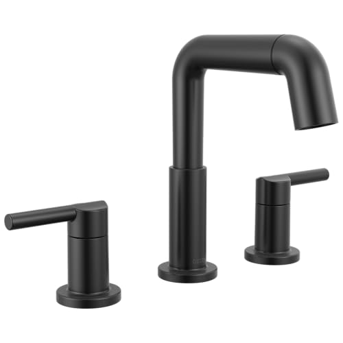 Image of Delta Nicoli Matte Black Bathroom Faucet with Sprayer, 8 Inch 3 Hole Widespread Bathroom Sink Faucet with Pull Out Sprayer, Push-Pop Drain, Matte Black 35849LF-BLPD.