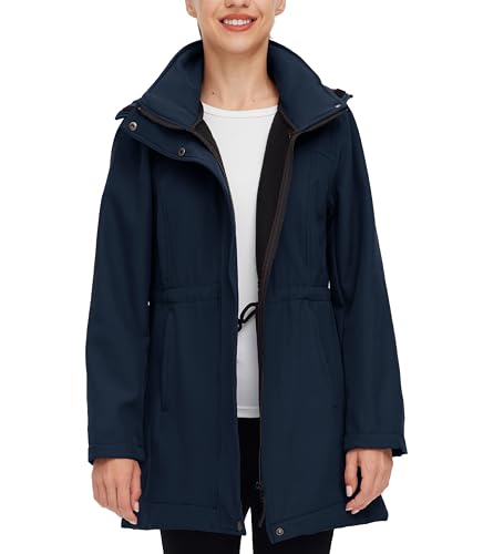 wantdo Women's Softshell Jacket with Removable Hood, Insulated Windbreaker Waterproof Warm Fleece Lined Coat (Dark Blue, L)