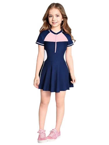 Teen Girls One-Piece Short Sleeve Swim Dress Swimsuit Bathing Suit Rash Guard Swimwear Dresses