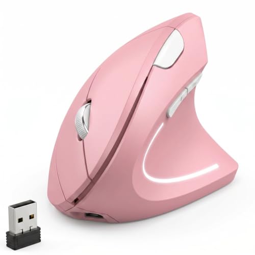 tlkawzy Ergonomic Vertical Wireless Mouse Stylish Rechargeable 2.4G Optical Mice Cordless Mouse with USB Receiver 800/1200 /1600 DPI 5 Buttons for Laptop PC Mac Computer (Pink)