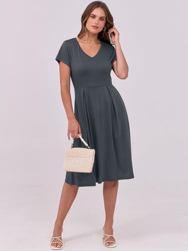 Image of ANRABESS Women Summer Dress Casual Short Sleeve V Neck A-Line Knee Length Pleated Flowy 2026 Fashion Midi Dresses with Pocket