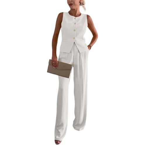Generisch Zweiteiler, Damen Hausanzug Sommer Hohe Taille Hose Und Weste 2 Teilig Leinenanzug Elegant Set Für Strand Hauskleidung Streetwear Sport Set (M, Weiß)
