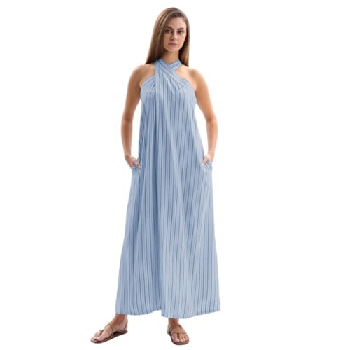 Image of Amazhiyu Women's Linen Striped Halter Sleeveless Maxi Dresses Summer with Pockets