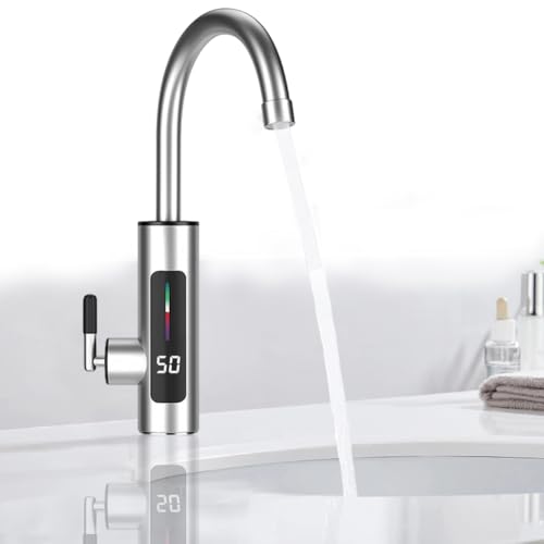 Elektrische Wasserhahn Edelstahl, Heiß- Und Kaltwasserhahn, Elektrischer Wasserhahn mit Durchlauferhitzer, 360° Drehbarer LED Temperaturanzeige Durchlauferhitzer Wasserhahns, für Küche,Bad,Wohnwagens