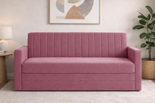 Image of Sofa-Cum-Bed | Three-Seater Foldable Sofa Bed Armrest | Modern Fabric Sofa for Living Room, Bedroom & Office-Rose Pink