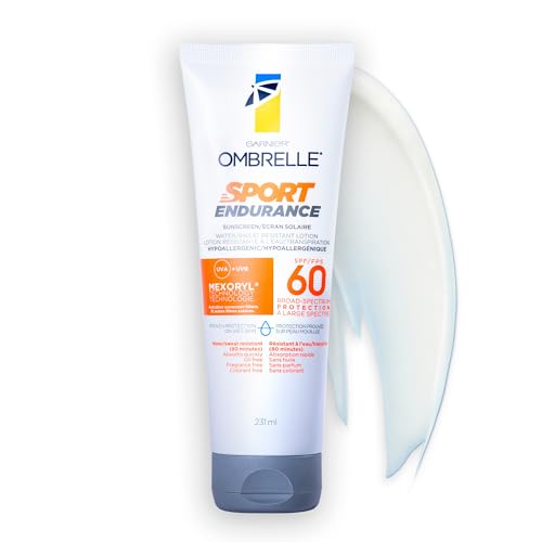 Garnier Ombrelle Sport Endurance Sunscreen Lotion, SPF 60, Body Sunscreen, Broad Spectrum UVA & UVB Sun Protection, Suitable for Sensitive Skin, Water and Sweat Resistant, Non-Greasy, 231ml