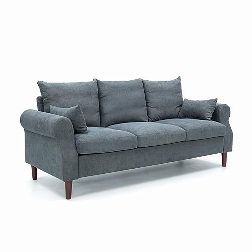 Panana 3 Seater Sofa,Rolled Armrest Design Upholstered Gray Linen Solid Wood Legs Couch,195 x 80 x 80 cm