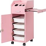 Hair Salon Trolley Cart with Wheels - Rolling Storage Cart with Drawers - Mobile Makeup Case - Lockable Hairdressing Tools Organizer - 3 Hair Dryer Holders, 4 Drawers, Side Tray, and 2 Keys - Pink