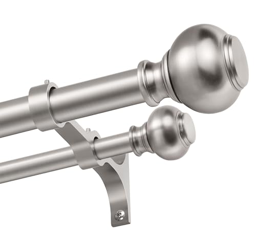 1 Inch Double Curtain Rods 72 to 144 Inches, Adjustable Telescoping Window Drapery Rod, Dual Heavy Duty Curtain Rods with Iron-Finials for Sliding Glass Door, Patio, Bedroom, Kitchen, Brushed Nickel