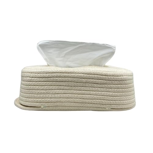 Image of BOBBINY Jute Cotton Tissue Box Holder, Handcrafted Tissue Container for 100 Pulls Natural Tissue Holder for Office Living Bedroom Car Desk Dining Table Home Decor (Off White, Design 6)