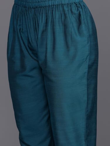 Image of Varanga Women Solid Silk Blend Kurta Trouser Set | Woven Yoke Design | 3 /4 Sleeve | Elastic Waist | Casual Wear