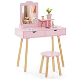 COSTWAY Kinder Schminktisch Set, 2 in 1 Frisiertisch Schreibtisch & Hocker mit abnehmbarem Spiegel, 2 Schubladen, Kamm, Schminkkommode Holz für Mädchen im Alter von 3-7 Jahren (Rosa)